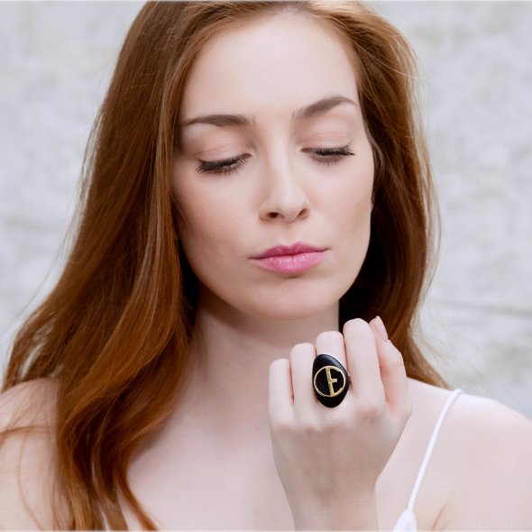 Δαχτυλίδι βότσαλο με μονόγραμμα - ΚΙΤΡΙΝΟ, K14, ΓΥΑΛΙΣΤΕΡΟ - 1