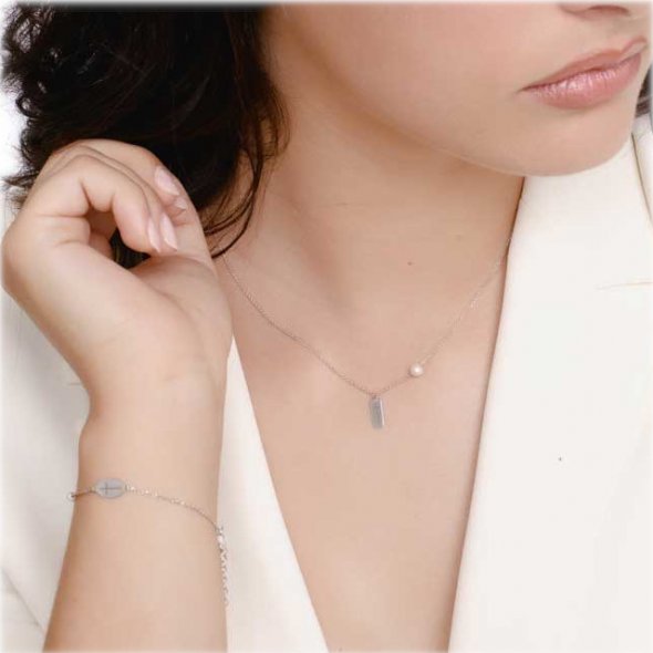 Βραχιόλι με σταυρό και μαργαριτάρι - ΛΕΥΚΟ, K14, ΓΥΑΛΙΣΤΕΡΟ, ΜΑΡΓΑΡΙΤΑΡΙ - 1