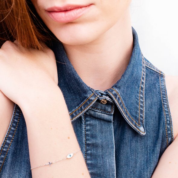 Βραχιόλι με ματάκι και σταυρό - ΚΙΤΡΙΝΟ, K9, ΓΥΑΛΙΣΤΕΡΟ, MOTHER OF PEARL - 3