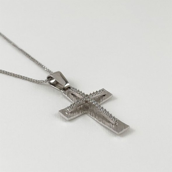 Σταυρός διπλός, με γραμμωτή ματ επεξεργασία και πέτρες - ΛΕΥΚΟ, ΧΡΥΣΟΣ K14, ΜΑΤ-ΓΥΑΛΙΣΤΕΡΟ, ΖΙΡΓΚΟΝ, WHITE