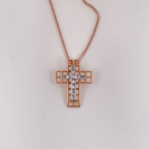 Σταυρός διάτρητος ροζ λευκός  - ΡΟΖ-ΛΕΥΚΟ, ΧΡΥΣΟΣ K14, ΓΥΑΛΙΣΤΕΡΟ, ΖΙΡΓΚΟΝ, WHITE