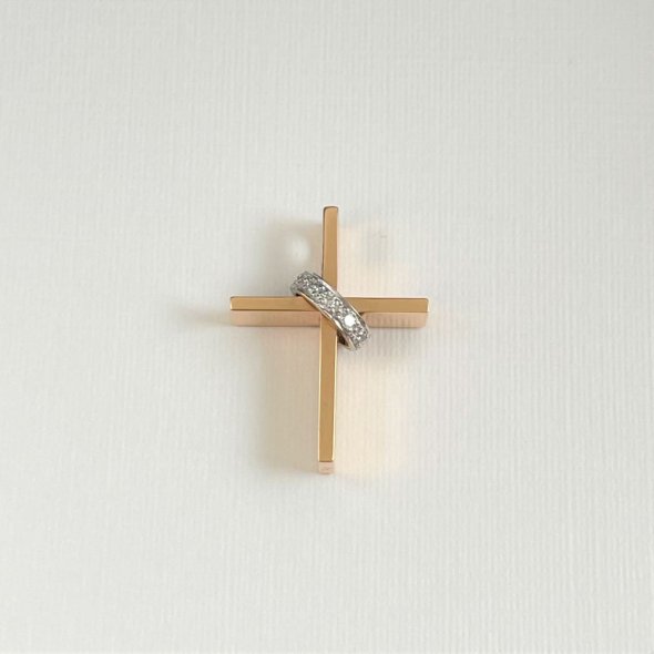 Σταυρός ροζ, λιτός με κορδέλα γεμάτη λαμπερά διαμάντια - ΡΟΖ-ΛΕΥΚΟ, ΧΡΥΣΟΣ K18, ΓΥΑΛΙΣΤΕΡΟ, ΔΙΑΜΑΝΤΙ, H, 0,03, SI1 - 4