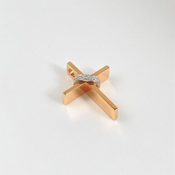 Σταυρός ροζ, λιτός με κορδέλα γεμάτη λαμπερά διαμάντια - ΡΟΖ-ΛΕΥΚΟ, ΧΡΥΣΟΣ K18, ΓΥΑΛΙΣΤΕΡΟ, ΔΙΑΜΑΝΤΙ, H, 0,03, SI1 - 2