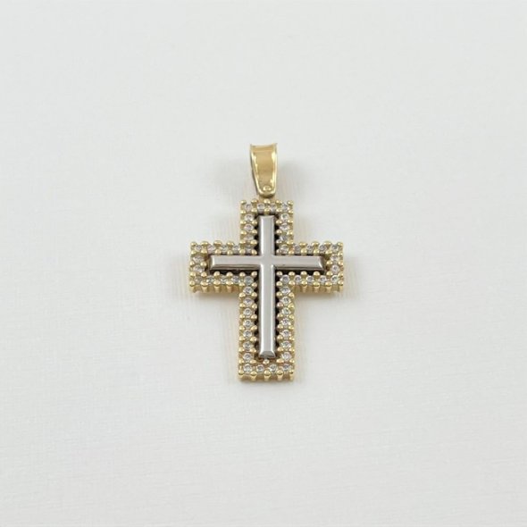 Σταυρός δίχρωμος με ζιργκόν  - ΚΙΤΡΙΝΟ-ΛΕΥΚΟ, ΧΡΥΣΟΣ K14, ΓΥΑΛΙΣΤΕΡΟ, ΖΙΡΓΚΟΝ, WHITE - 2