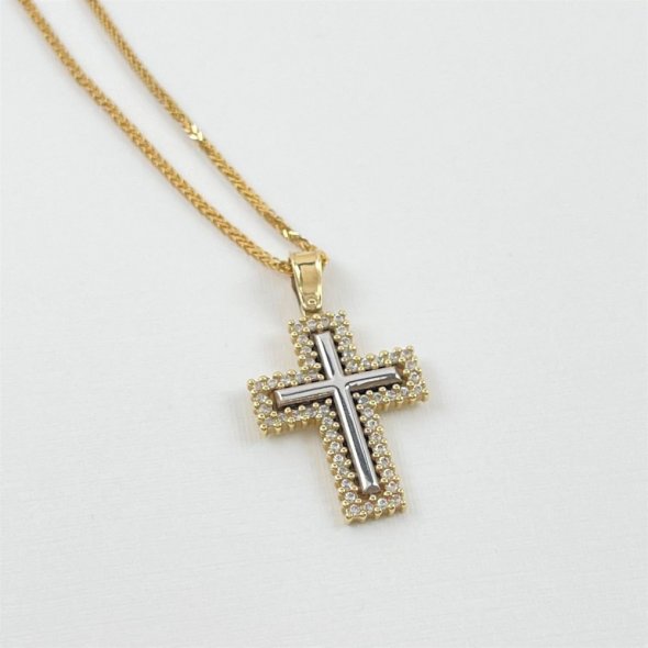Σταυρός δίχρωμος με ζιργκόν  - ΚΙΤΡΙΝΟ-ΛΕΥΚΟ, ΧΡΥΣΟΣ K14, ΓΥΑΛΙΣΤΕΡΟ, ΖΙΡΓΚΟΝ, WHITE