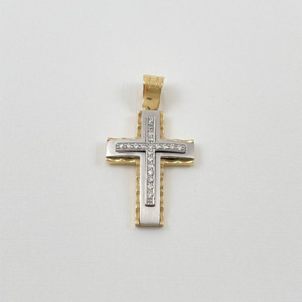 Σταυρός δίχρωμος με λαμπερά  ζιργκόν  - ΚΙΤΡΙΝΟ-ΛΕΥΚΟ, ΧΡΥΣΟΣ K14, ΜΑΤ-ΓΥΑΛΙΣΤΕΡΟ, ΖΙΡΓΚΟΝ, WHITE - 1