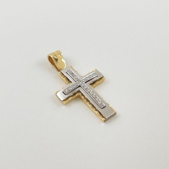 Σταυρός δίχρωμος με λαμπερά  ζιργκόν  - ΚΙΤΡΙΝΟ-ΛΕΥΚΟ, ΧΡΥΣΟΣ K14, ΜΑΤ-ΓΥΑΛΙΣΤΕΡΟ, ΖΙΡΓΚΟΝ, WHITE - 2