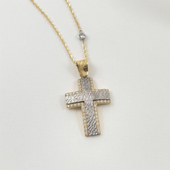 Σταυρός δίχρωμος, ματ με λαμπερά ζιργκόν - ΚΙΤΡΙΝΟ-ΛΕΥΚΟ, ΧΡΥΣΟΣ K14, ΜΑΤ, ΖΙΡΓΚΟΝ, WHITE