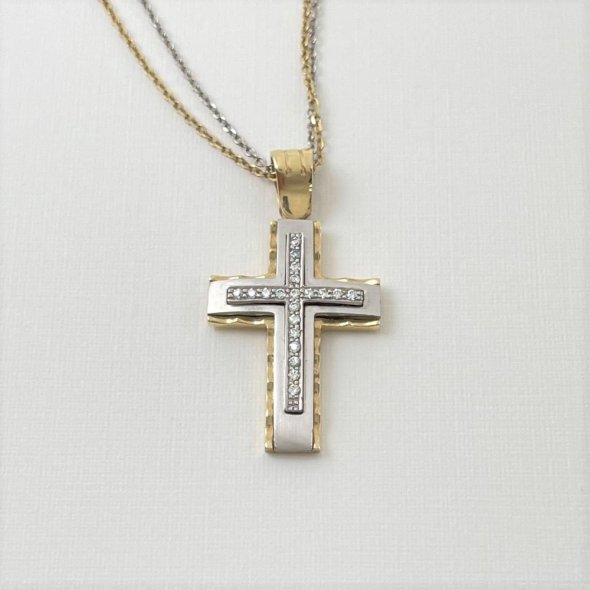 Σταυρός δίχρωμος με λαμπερά  ζιργκόν  - ΚΙΤΡΙΝΟ-ΛΕΥΚΟ, ΧΡΥΣΟΣ K14, ΜΑΤ-ΓΥΑΛΙΣΤΕΡΟ, ΖΙΡΓΚΟΝ, WHITE