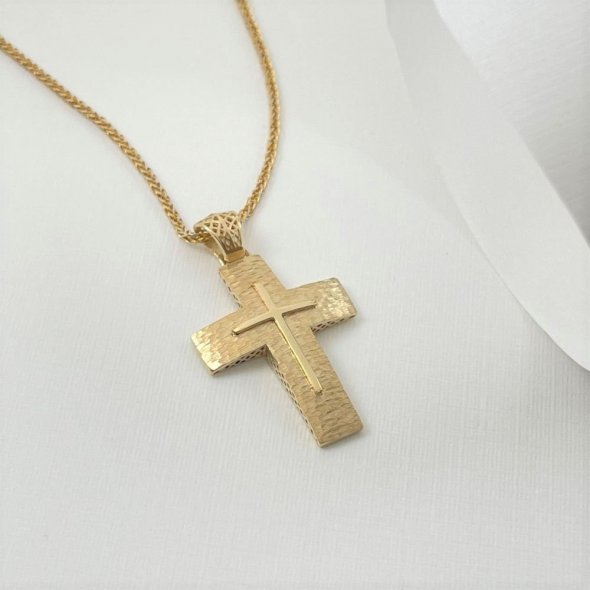 Σταυρός σφυρήλατος με σταυρό στο κέντρο - ΚΙΤΡΙΝΟ, ΧΡΥΣΟΣ K14, ΜΑΤ-ΓΥΑΛΙΣΤΕΡΟ