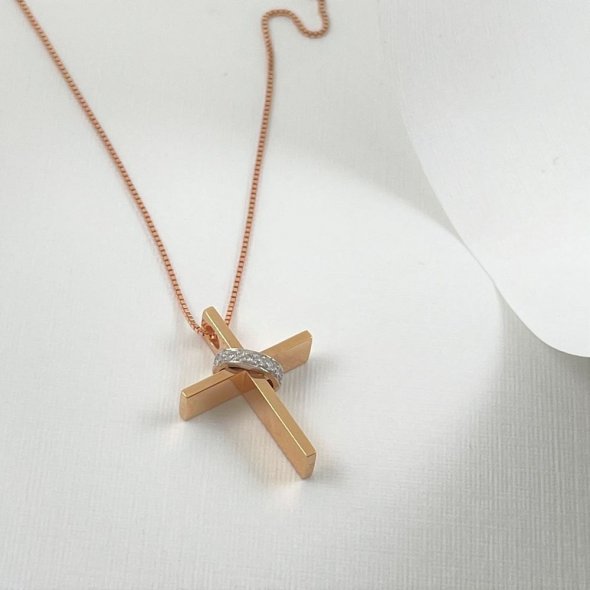 Σταυρός ροζ, λιτός με κορδέλα γεμάτη λαμπερά διαμάντια - ΡΟΖ-ΛΕΥΚΟ, ΧΡΥΣΟΣ K18, ΓΥΑΛΙΣΤΕΡΟ, ΔΙΑΜΑΝΤΙ, H, 0,03, SI1