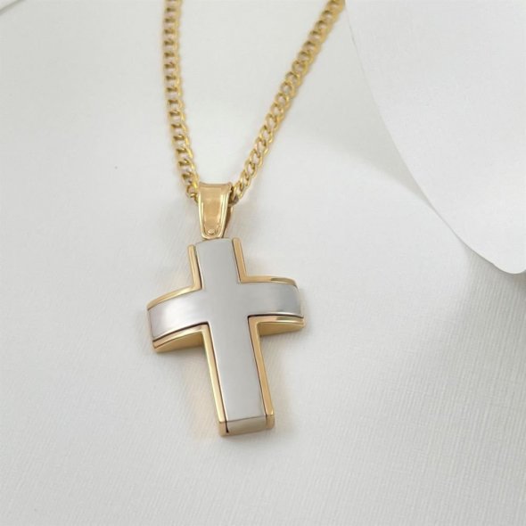 Σταυρός δίχρωμος μπούλ - ΚΙΤΡΙΝΟ-ΛΕΥΚΟ, ΧΡΥΣΟΣ K14, ΜΑΤ-ΓΥΑΛΙΣΤΕΡΟ