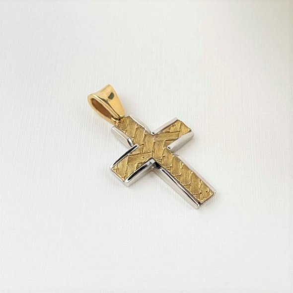 Σταυρός ψάθα σε λευκό και κίτρινο χρυσό - ΚΙΤΡΙΝΟ-ΛΕΥΚΟ, ΧΡΥΣΟΣ K9, ΜΑΤ-ΓΥΑΛΙΣΤΕΡΟ - 1