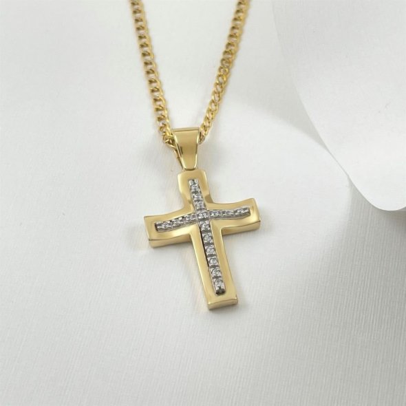 Σταυρός δίχρωμος με ζιργκόν  - ΚΙΤΡΙΝΟ-ΛΕΥΚΟ, ΧΡΥΣΟΣ K14, ΓΥΑΛΙΣΤΕΡΟ, ΖΙΡΓΚΟΝ, WHITE