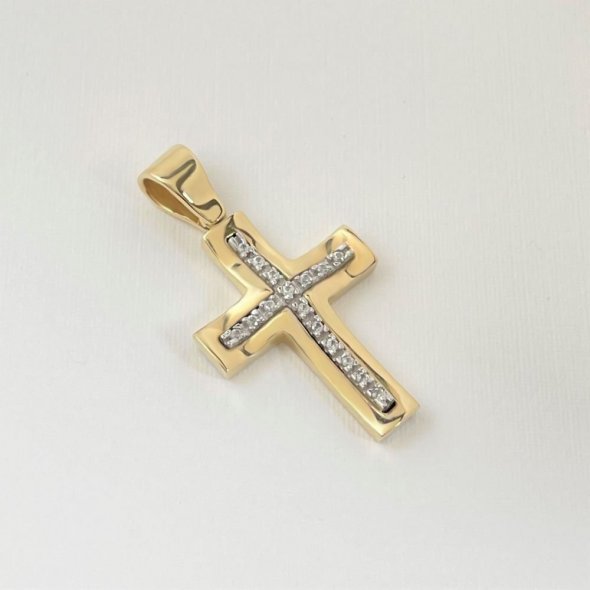 Σταυρός δίχρωμος με ζιργκόν  - ΚΙΤΡΙΝΟ-ΛΕΥΚΟ, ΧΡΥΣΟΣ K14, ΓΥΑΛΙΣΤΕΡΟ, ΖΙΡΓΚΟΝ, WHITE - 2