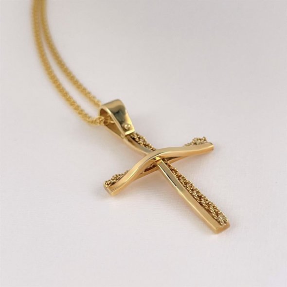 Σταυρός χειροποίητος με πλεκτό σύρμα χρυσού - ΚΙΤΡΙΝΟ, ΧΡΥΣΟΣ K18, ΜΑΤ-ΓΥΑΛΙΣΤΕΡΟ - 1