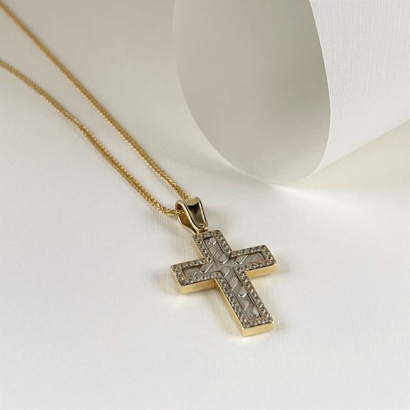 Σταυρός δίχρωμος με ζιργκόν - ΚΙΤΡΙΝΟ-ΛΕΥΚΟ, ΧΡΥΣΟΣ K14, ΓΥΑΛΙΣΤΕΡΟ, ΖΙΡΓΚΟΝ, WHITE