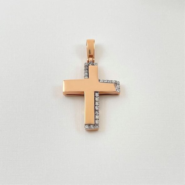 Σταυρός γυαλιστερός, ροζ με λαμπερά ζιργκόν  - ΡΟΖ, ΧΡΥΣΟΣ K14, ΓΥΑΛΙΣΤΕΡΟ, ΖΙΡΓΚΟΝ, WHITE - 1