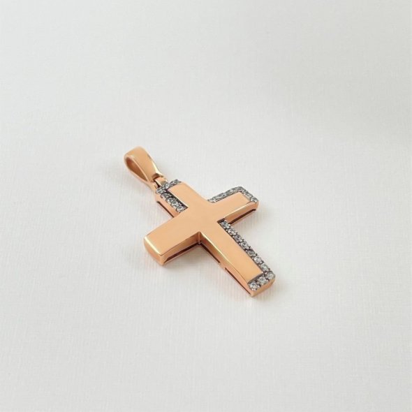 Σταυρός γυαλιστερός, ροζ με λαμπερά ζιργκόν  - ΡΟΖ, ΧΡΥΣΟΣ K14, ΓΥΑΛΙΣΤΕΡΟ, ΖΙΡΓΚΟΝ, WHITE - 2