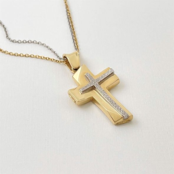 Σταυρός δίχρωμος με πλάγια τελειώματα - ΚΙΤΡΙΝΟ-ΛΕΥΚΟ, ΧΡΥΣΟΣ K14, ΓΥΑΛΙΣΤΕΡΟ