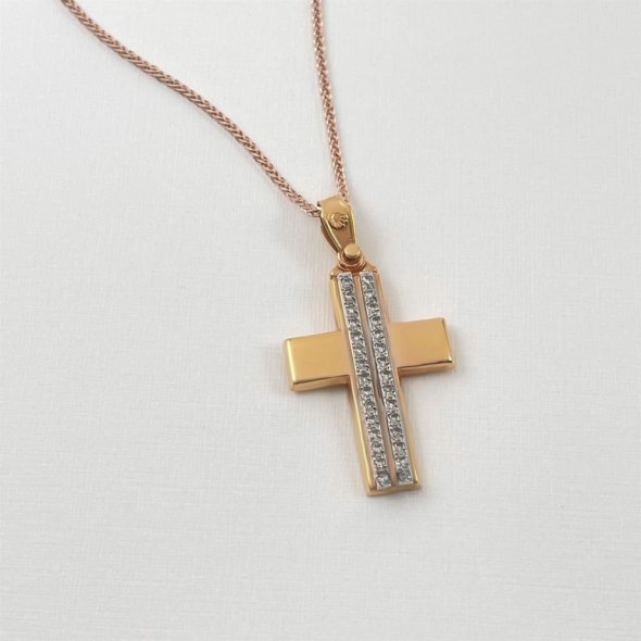 Σταυρός ροζ με λαμπερά ζιργκόν - ΡΟΖ-ΛΕΥΚΟ, ΧΡΥΣΟΣ K14, ΓΥΑΛΙΣΤΕΡΟ, ΖΙΡΓΚΟΝ, WHITE