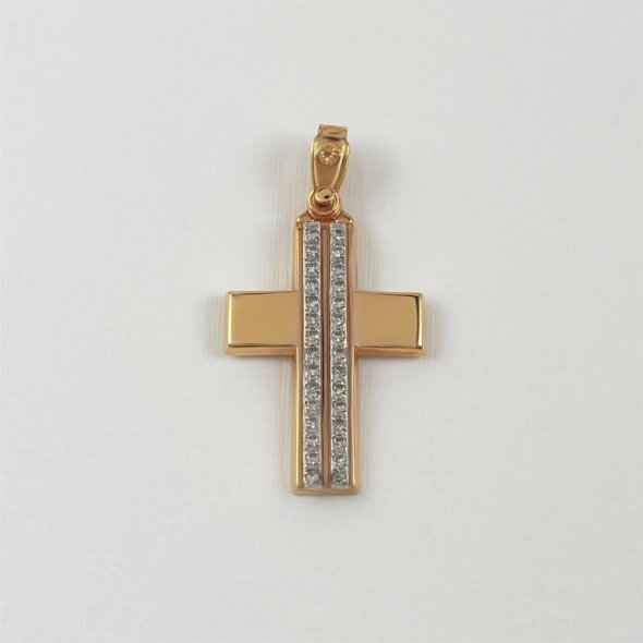 Σταυρός ροζ με λαμπερά ζιργκόν - ΡΟΖ-ΛΕΥΚΟ, ΧΡΥΣΟΣ K14, ΓΥΑΛΙΣΤΕΡΟ, ΖΙΡΓΚΟΝ, WHITE - 2