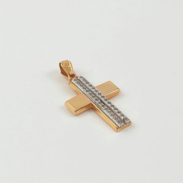 Σταυρός ροζ με λαμπερά ζιργκόν - ΡΟΖ-ΛΕΥΚΟ, ΧΡΥΣΟΣ K14, ΓΥΑΛΙΣΤΕΡΟ, ΖΙΡΓΚΟΝ, WHITE - 1