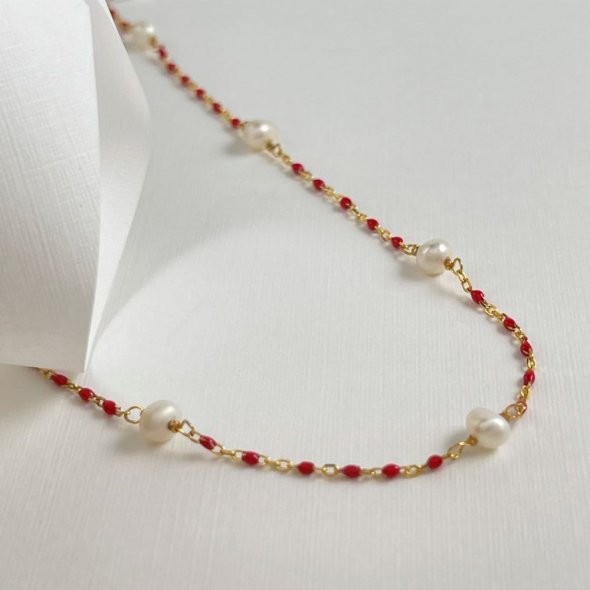 Κολιέ κόκκινο με μαργαριτάρια - ΚΙΤΡΙΝΟ, ΑΣΗΜΙ, ΓΥΑΛΙΣΤΕΡΟ, ΣΜΑΛΤΟ, RED, ΜΑΡΓΑΡΙΤΑΡΙ