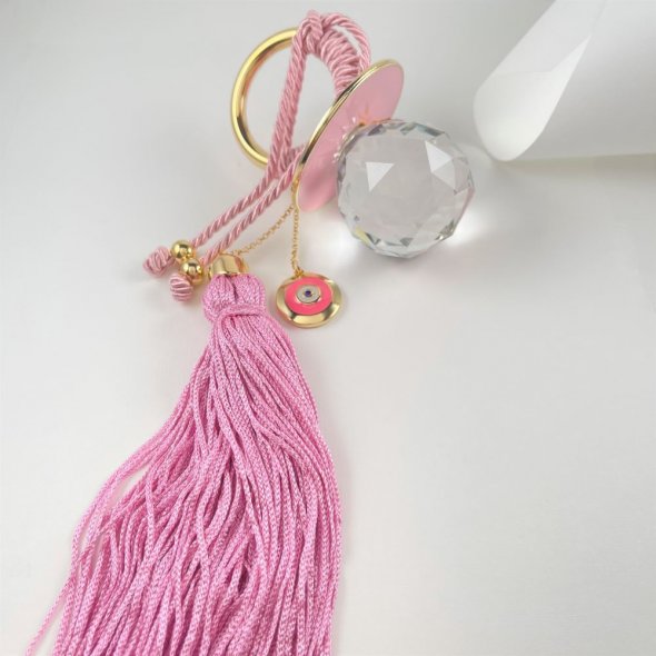 Διακοσμητική πιπίλα με ματάκι ,ροζ κορδόνι και φούντα - ΚΙΤΡΙΝΟ, ΑΤΣΑΛΙ, ΓΥΑΛΙΣΤΕΡΟ