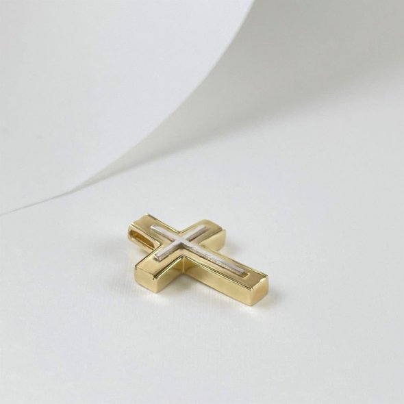 Σταυρός διπλής όψης χωρίς κρίκο - ΚΙΤΡΙΝΟ-ΛΕΥΚΟ, ΧΡΥΣΟΣ K14, ΜΑΤ-ΓΥΑΛΙΣΤΕΡΟ