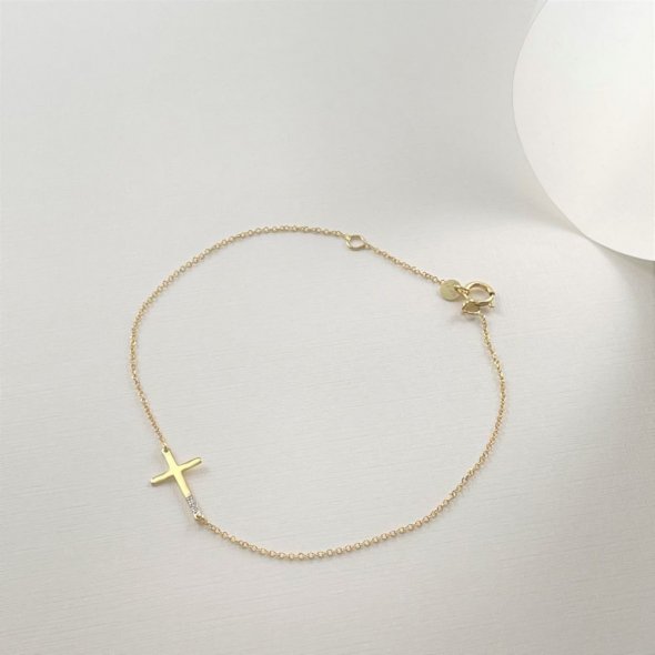 Βραχιόλι με σταυρό και διαμάντια - ΚΙΤΡΙΝΟ, ΧΡΥΣΟΣ K14, ΓΥΑΛΙΣΤΕΡΟ, ΔΙΑΜΑΝΤΙ, 0,03 - 1