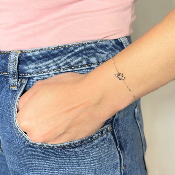 Βραχιόλι πεταλούδα με διαμάντι - ΡΟΖ, ΧΡΥΣΟΣ K14, ΓΥΑΛΙΣΤΕΡΟ, ΔΙΑΜΑΝΤΙ, 0,02 - 2