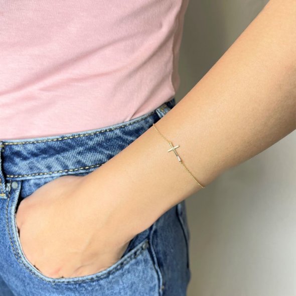 Βραχιόλι με σταυρό και διαμάντια - ΚΙΤΡΙΝΟ, ΧΡΥΣΟΣ K14, ΓΥΑΛΙΣΤΕΡΟ, ΔΙΑΜΑΝΤΙ, 0,03 - 2