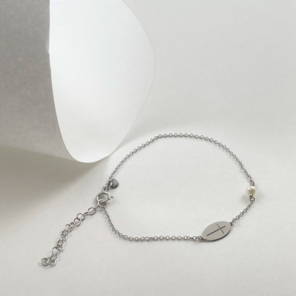 Βραχιόλι με σταυρό και μαργαριτάρι - ΛΕΥΚΟ, ΧΡΥΣΟΣ K14, ΓΥΑΛΙΣΤΕΡΟ, ΜΑΡΓΑΡΙΤΑΡΙ - 1