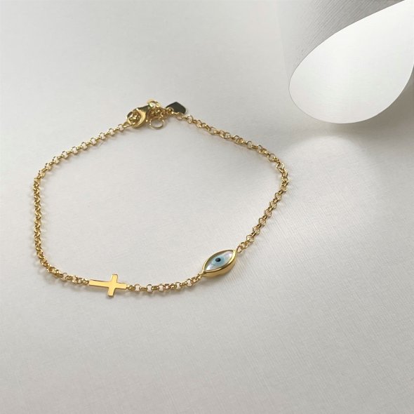 Βραχιόλι με ματάκι και σταυρό - ΚΙΤΡΙΝΟ, ΑΣΗΜΙ, ΓΥΑΛΙΣΤΕΡΟ, MOTHER OF PEARL - 1