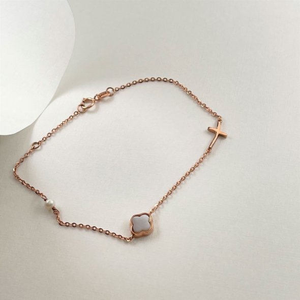 Βραχιόλι με mother of pearl και μαργαριτάρι - ΡΟΖ, ΧΡΥΣΟΣ K14, ΓΥΑΛΙΣΤΕΡΟ, MOTHER OF PEARL, ΜΑΡΓΑΡΙΤΑΡΙ