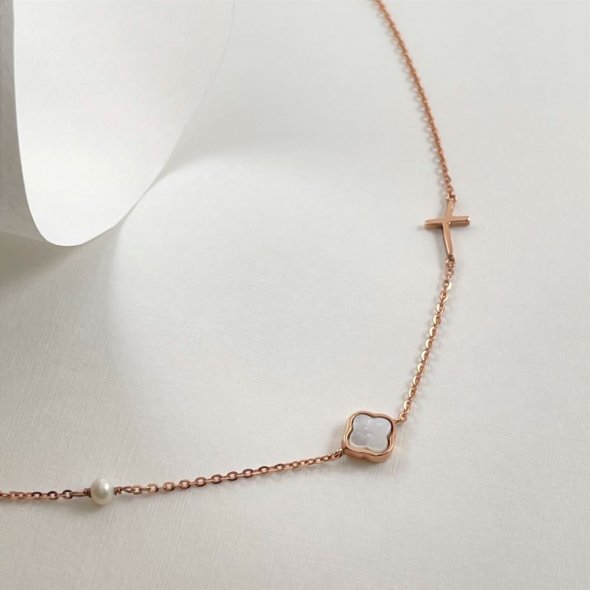 Βραχιόλι με mother of pearl και μαργαριτάρι - ΡΟΖ, ΧΡΥΣΟΣ K14, ΓΥΑΛΙΣΤΕΡΟ, MOTHER OF PEARL, ΜΑΡΓΑΡΙΤΑΡΙ - 1