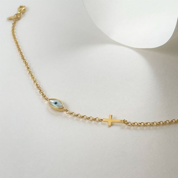 Βραχιόλι με ματάκι και σταυρό - ΚΙΤΡΙΝΟ, ΑΣΗΜΙ, ΓΥΑΛΙΣΤΕΡΟ, MOTHER OF PEARL - 1