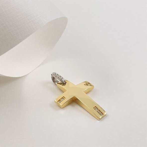 Σταυρός γυαλιστερός με λαμπερά ζιργκόν - ΚΙΤΡΙΝΟ-ΛΕΥΚΟ, ΧΡΥΣΟΣ K14, ΓΥΑΛΙΣΤΕΡΟ, ΖΙΡΓΚΟΝ, WHITE - 1