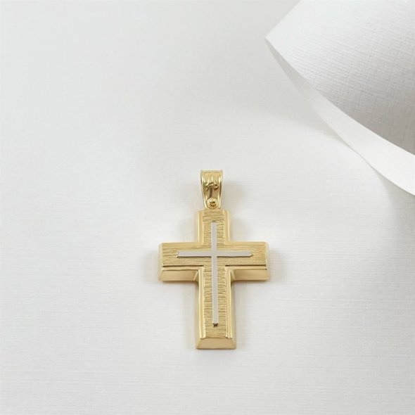 Σταυρός δίχρωμος με γραμμές ματ - ΚΙΤΡΙΝΟ-ΛΕΥΚΟ, ΧΡΥΣΟΣ K14, ΜΑΤ-ΓΥΑΛΙΣΤΕΡΟ - 2