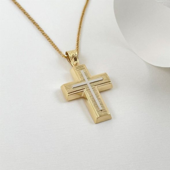 Σταυρός δίχρωμος με γραμμές ματ - ΚΙΤΡΙΝΟ-ΛΕΥΚΟ, ΧΡΥΣΟΣ K14, ΜΑΤ-ΓΥΑΛΙΣΤΕΡΟ