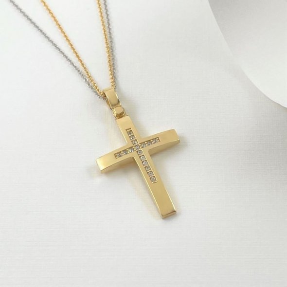 Σταυρός με γυαλιστερή υφή και λαμπερα ζιργκον - ΚΙΤΡΙΝΟ, ΧΡΥΣΟΣ K14, ΓΥΑΛΙΣΤΕΡΟ, ΖΙΡΓΚΟΝ, WHITE