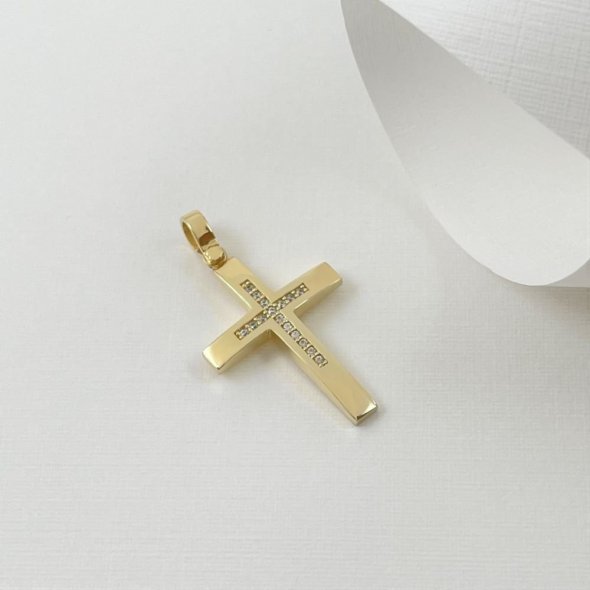 Σταυρός με γυαλιστερή υφή και λαμπερα ζιργκον - ΚΙΤΡΙΝΟ, ΧΡΥΣΟΣ K14, ΓΥΑΛΙΣΤΕΡΟ, ΖΙΡΓΚΟΝ, WHITE - 2