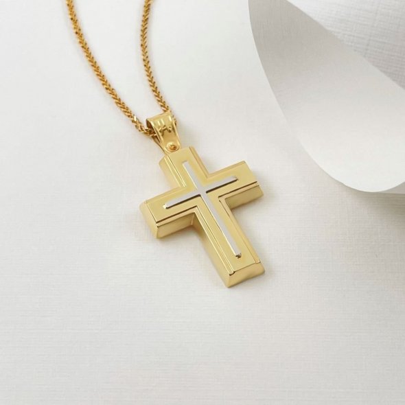 Σταυρός δίχρωμος, γυαλιστερός  - ΚΙΤΡΙΝΟ-ΛΕΥΚΟ, ΧΡΥΣΟΣ K14, ΓΥΑΛΙΣΤΕΡΟ