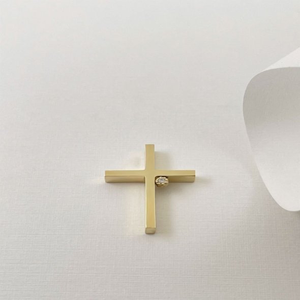 Σταυρός γυαλιστερός με λαμπερή πέτρα  - ΚΙΤΡΙΝΟ, ΧΡΥΣΟΣ K14, ΓΥΑΛΙΣΤΕΡΟ, ΖΙΡΓΚΟΝ, WHITE - 2