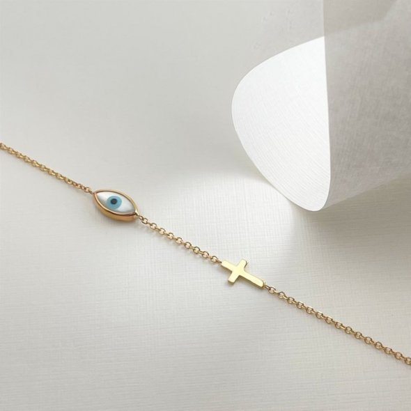 Βραχιόλι με ματάκι και σταυρό - ΚΙΤΡΙΝΟ, ΧΡΥΣΟΣ K9, ΓΥΑΛΙΣΤΕΡΟ, MOTHER OF PEARL - 2