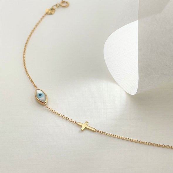 Βραχιόλι με ματάκι και σταυρό - ΚΙΤΡΙΝΟ, ΧΡΥΣΟΣ K9, ΓΥΑΛΙΣΤΕΡΟ, MOTHER OF PEARL - 1