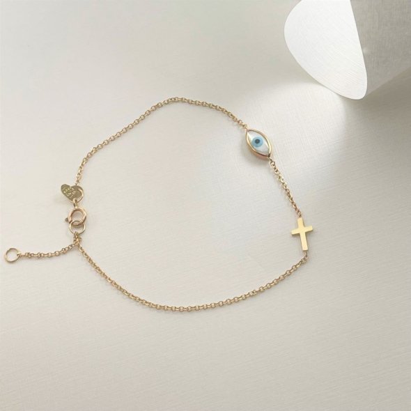 Βραχιόλι με ματάκι και σταυρό - ΚΙΤΡΙΝΟ, ΧΡΥΣΟΣ K9, ΓΥΑΛΙΣΤΕΡΟ, MOTHER OF PEARL