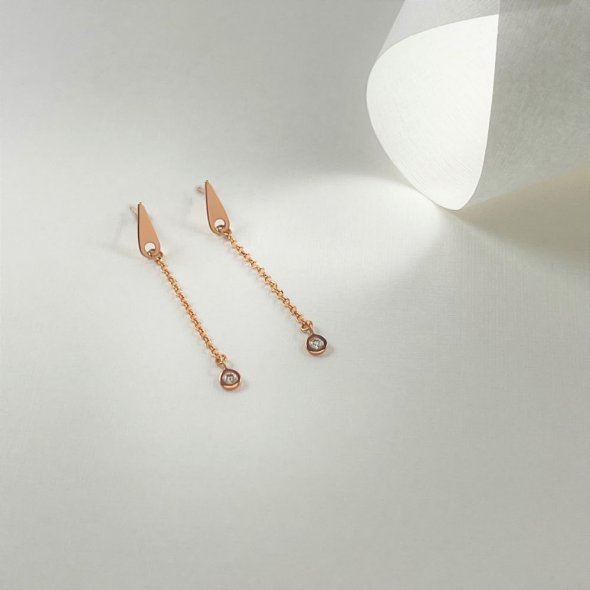 Σκουλαρίκια κρεμαστά με διαμάντια - ΡΟΖ, ΧΡΥΣΟΣ K14, ΓΥΑΛΙΣΤΕΡΟ, ΔΙΑΜΑΝΤΙ, 0,04