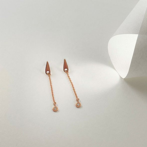 Σκουλαρίκια κρεμαστά με διαμάντια - ΡΟΖ, ΧΡΥΣΟΣ K14, ΓΥΑΛΙΣΤΕΡΟ, ΔΙΑΜΑΝΤΙ, 0,04 - 2